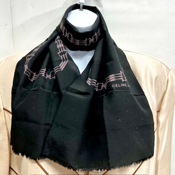 Celine Accessories - Celine silk scarf rayon length 47" x10" Authentic Black gold logo Fringe ( 47)
